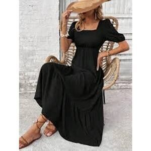 NEW SHEIN VCAY WOMEN'S BLACK TEXTURED SQUARE NECKLINE DRESS W/PUFF SLEEVES LARGE